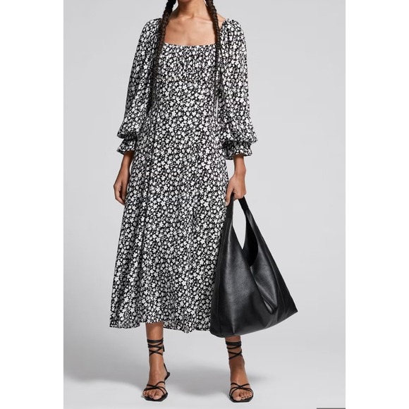 & Other Stories Dresses & Skirts - NWT & Other Stories Floral Square Neck Midi Dress Black White Double Puff Slit 2